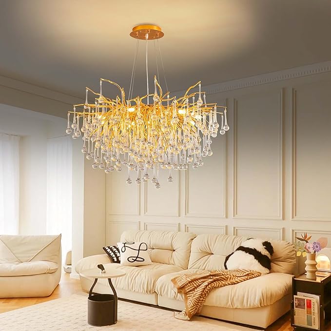 Modern Crystal Raindrop Chandelier, Gold Round Art Deco Tree Branch Lighting Fixture for Dining Room Living Room Foyer 13 Lights D31.5''