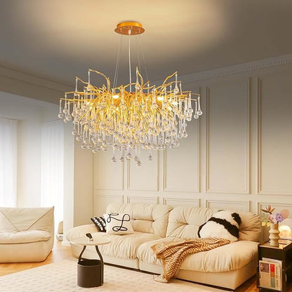Modern Crystal Raindrop Chandelier, Gold Round Art Deco Tree Branch Lighting Fixture for Dining Room Living Room Foyer 13 Lights D31.5''