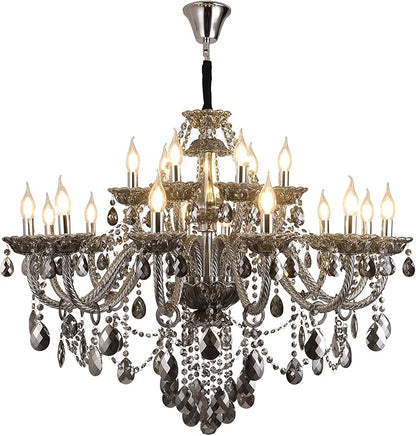 18-Light Smoky Gray Crystal Chandelier for Living Room, Antique Teardrop Candle Chandelier Pendant Ceiling Lighting Fixture for Dinning Room Staircase Lobby Foyer (Smoke Gray 18 Lights)