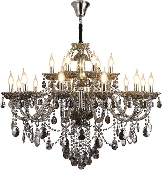 18-Light Smoky Gray Crystal Chandelier for Living Room, Antique Teardrop Candle Chandelier Pendant Ceiling Lighting Fixture for Dinning Room Staircase Lobby Foyer (Smoke Gray 18 Lights)