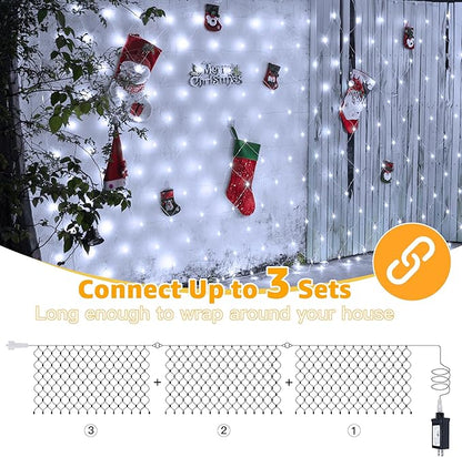 Ollny Net Lights Outdoor Mesh Lights IP67 Waterproof, 210LED 10x7ft Cool White Christmas Net Lights, Connectable Remote 8 Modes Tree Light for Bushes Shrubs Lawn Indoor Decorations