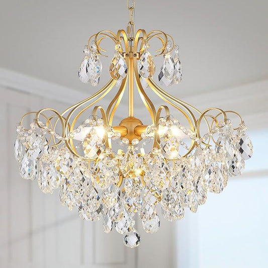 Crystal Candle Chandelier Pendant Flushmount Ceiling Light Modern Lighting Fixture for Bedroom Hallway Bar Kitchen Bathroom, H 16.9" x W 22.8", Gold, E12 Base