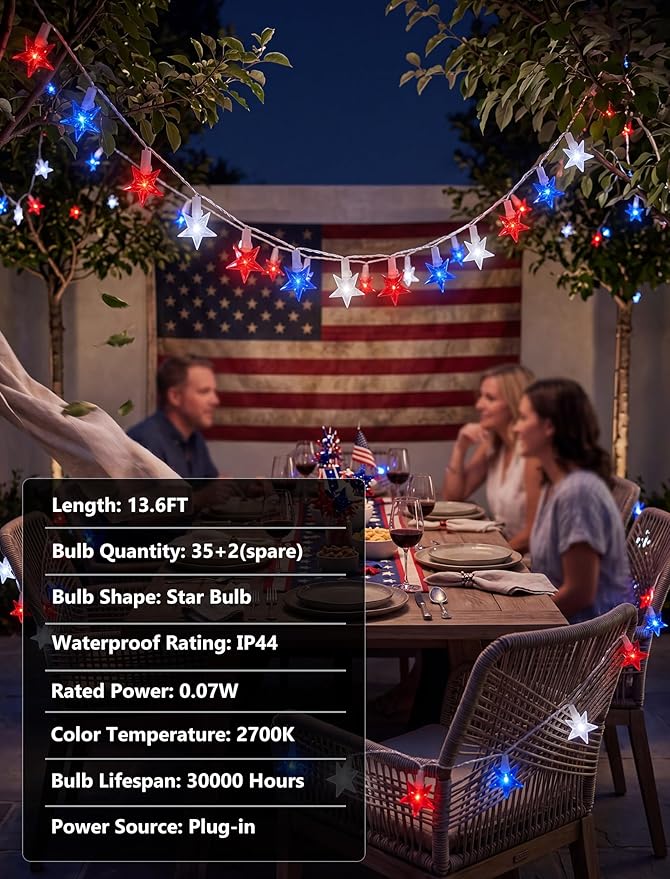 4th of July Decorations Star String Lights, 13.6Ft Red White Blue Patriotic Lights with 35 LED Stars, Waterproof Plug in Fairy String Lights for Memorial Day Independence Day Outdoor Indoor Decor