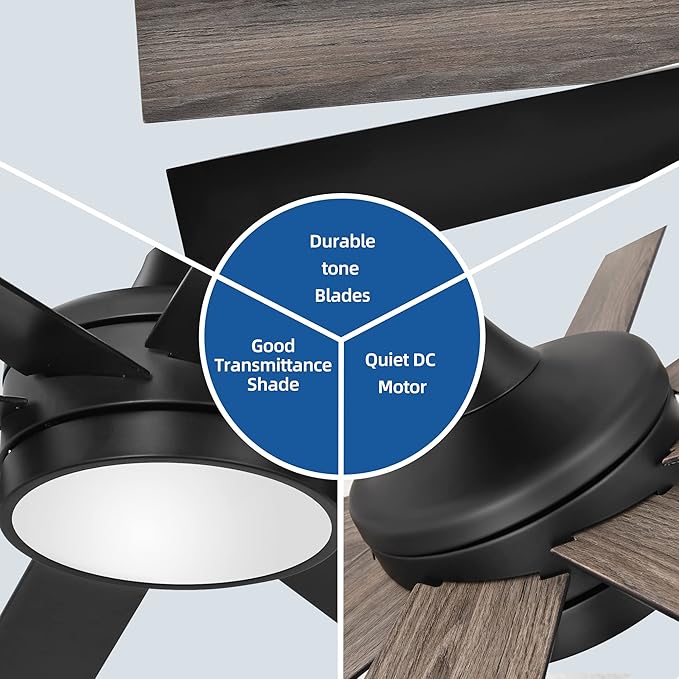 YITAHOME Black 60 Inch Ceiling Fan with Light and Remote, DC Fanlight for Indoor, Modern Light Fan with Reversible 6 Speeds, 3 Color Temperatures, Memory Function, Quiet Motor