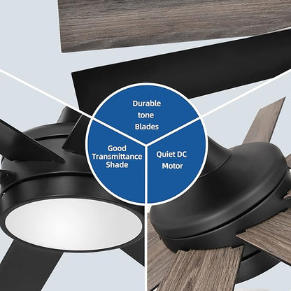 YITAHOME Black 60 Inch Ceiling Fan with Light and Remote, DC Fanlight for Indoor, Modern Light Fan with Reversible 6 Speeds, 3 Color Temperatures, Memory Function, Quiet Motor