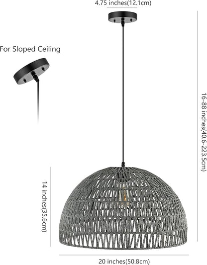 JONATHAN Y 20" Gray Modern Bohemian Woven Rope LED Pendant Light Fixture, Adjustable Dome Ceiling Lamp for Kitchen Island, Rope Shade, Coastal Farmhouse Decor (JYL6504D)