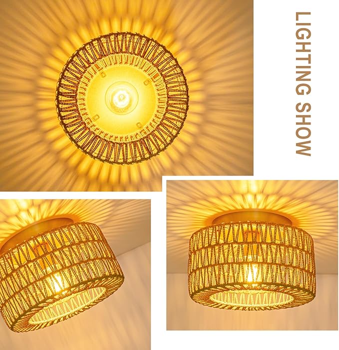 SineRise Rattan Ceiling Light Fixtures (12-Inch, LED Bulb Included), Hand-Woven Boho Flush Mount Ceiling Light, Rattan Chandelier for Hallway Kitchen Farmhouse Foyer Entryway Living Room(Gold)