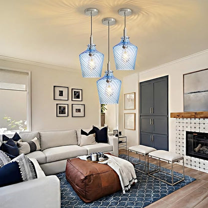 Modern Stripes Blue Glass Pendant Lighting for Kitchen Island 1 Pack, Farmhouse Nickel Pendant Light Fixtures, Height Adjustable Ceiling Pendant Light, 8 Inch