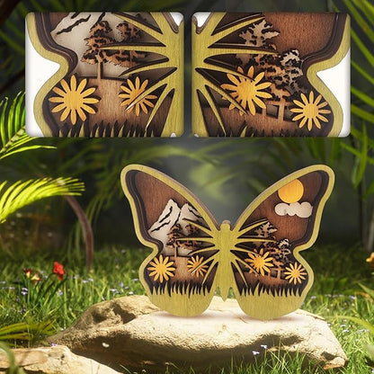 3D Wooden Carving Animals Lamp - Creative Fox Squirrel Wood Carved LED Night Light Garden Yard Wooden Animals Sculpture Ornaments Desktop Home Decor Birthday Gifts for Family Friend (Butterfly)