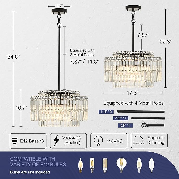 Modern 17.6“ Black Crystal Chandelier Ceiling Light Fixtures for Dining Room Luxury Glam 8-Light Crystal Chandeliers Lighting for Bedroom Entryway Hallway Living Room Kitchen Island Foyer