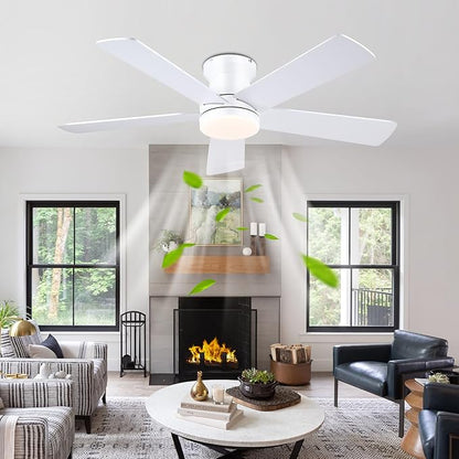 Ayaoty 48In Ceiling Fan with Light Flush Mount - White Low Profile Ceiling Fan Light with Remote/APP, 5 Reversible Dual-Sided Blades, Modern Fan Light for Indoor Bedroom, Covered Outdoor