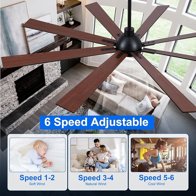 72 Inch Ceiling Fans with Lights and Remote, Black Large Ceiling Fan for Bedroom Living Room Indoor/Outdoor, Quiet 6 Speed Reversible DC Motor, 3CCT, Downrod, Dual Color 8 Blades, ETL Listed