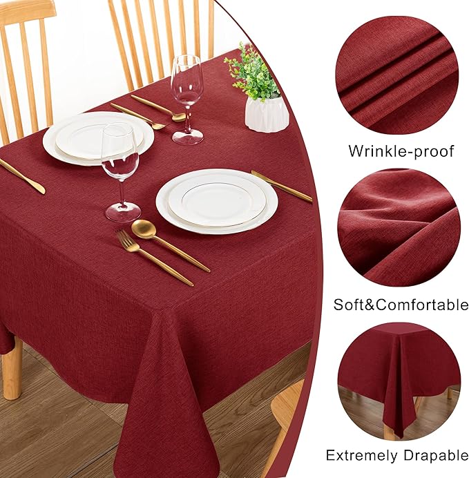 DWCN Table Cloth Rectangle - Faux Linen Fabric Waterproof Spill-Proof Wrinkle and Stain Resistant Tablecloths Decorative Farmhouse Table Cover for Kitchen Dining Party, 52 x 70 Inch, Red