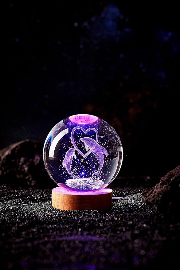 Dolphin Crystal Ball Lamp,3D 3.15 inch K9 Crystal Ball Night Light with Wooden Base Lamp for Room,Dolphin Light Gift,16 Colors Change with Remote Control (D)