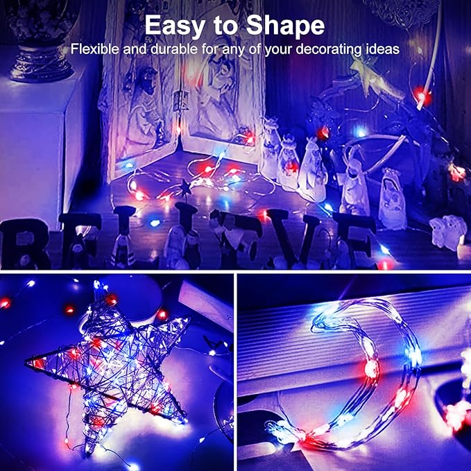 btfarm 4th of July Patriotic Fairy Lights Battery Operated, 12 Pack Red White Blue 3 Modes Twinkle String Lights, 7ft 20 Led Independence Day Mini for Mason Jars Vases Table Centerpiece Decoration