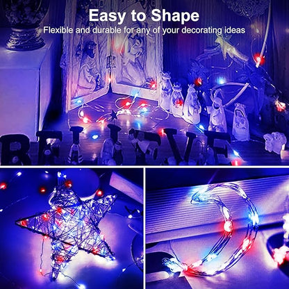 btfarm 4th of July Patriotic Fairy Lights Battery Operated, 12 Pack Red White Blue 3 Modes Twinkle String Lights, 7ft 20 Led Independence Day Mini for Mason Jars Vases Table Centerpiece Decoration