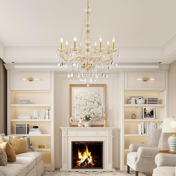 WUZUPS 8-Light Crystal Candle Chandelier Pendant Ceiling Light Modern Lighting Fixture for Bedroom Hallway Bar Kitchen Bathroom, H 35.4" W 27.6", E12 Base, Gold