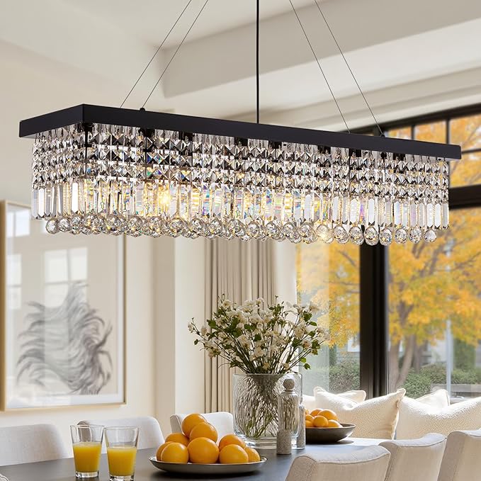 Black Modern Crystal Chandeliers for Dining Room Kitchen Island Light Fixture, 8-Light Rectangle Chandelier for Living Room, L39.4 Inch