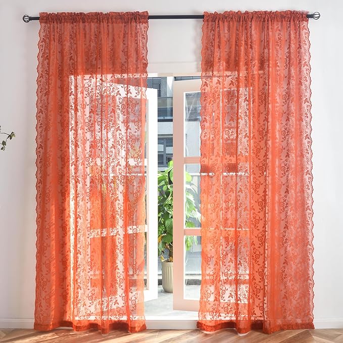 Burnt Orange Sheer Curtains 63 Inch Length for Bedroom 2 Panels Rustic Leaf Floral Scalloped Edge Vintage Rust Sheer Lace Curtains, Rod Pocket Privacy Window Lacy Curtain Drapes, 42 x 63 Inch