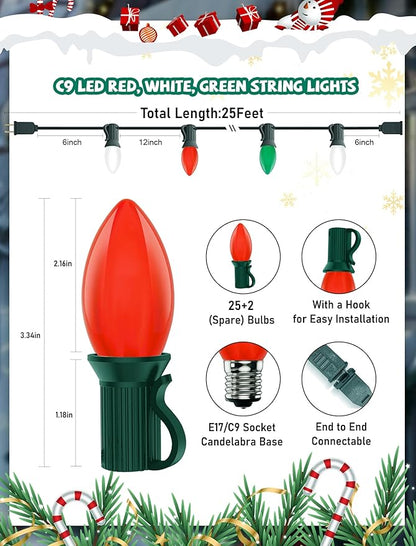 25Ft Vintage Christmas Lights C9 LED Red Green and White Outdoor String Lights with 26 C9 Bulbs (1 Spare), Commercial Outdoor Christmas Lights for Holiday Wedding Party Garden Home Decor, Green Wire