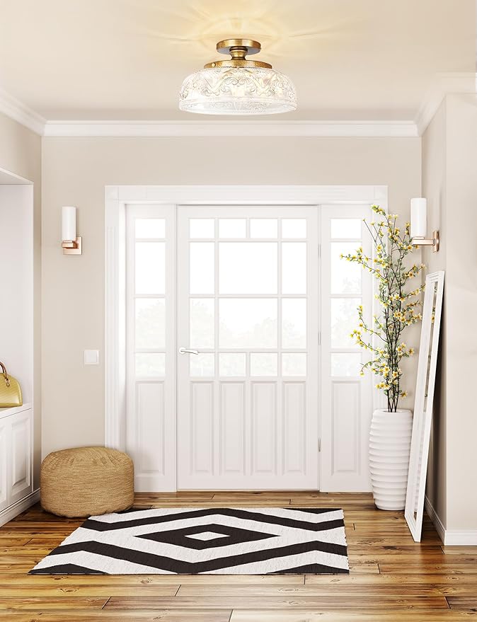 Semi Flush Mount Ceiling Light, 12 Inch Large Copper Ceiling Light Fixture, 3-Light Globe Glass Farmhouse Kitchen Lighting Fixtures for Bathroom, Hallway, Dining Room (Bulb Not Included)