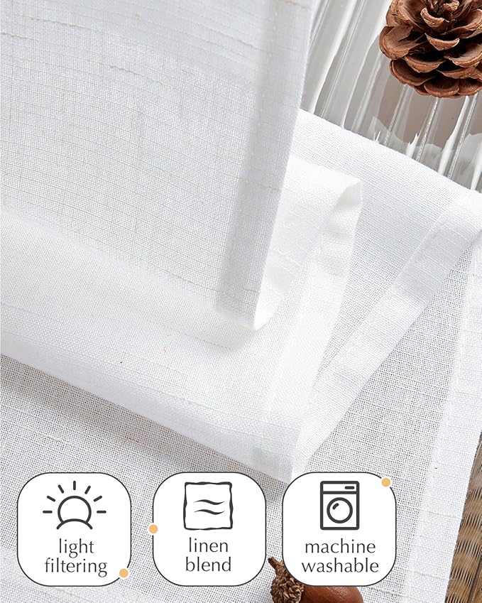 jinchan Tie Top Linen Kitchen Curtains Over Sink 36 Inch Length Tier Curtains Farmhouse Rustic Small Cafe Curtain for Bedroom Living Room Bathroom Half Window Light Filtering Privacy 2 Panels White
