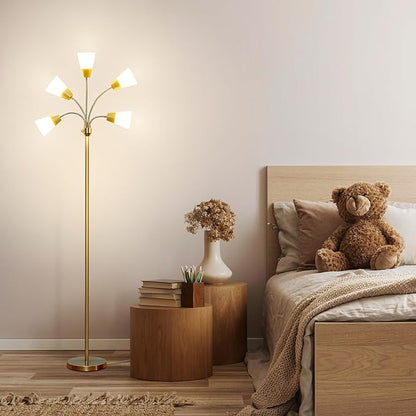 Brightech Medusa Modern LED Floor Lamp – Multi Head Floor Lamp for Living Rooms & Offices – Tall Lamp with Interchangeable Shade, Standing Lamp with 5 LED Bulbs for Hobbies - Brass