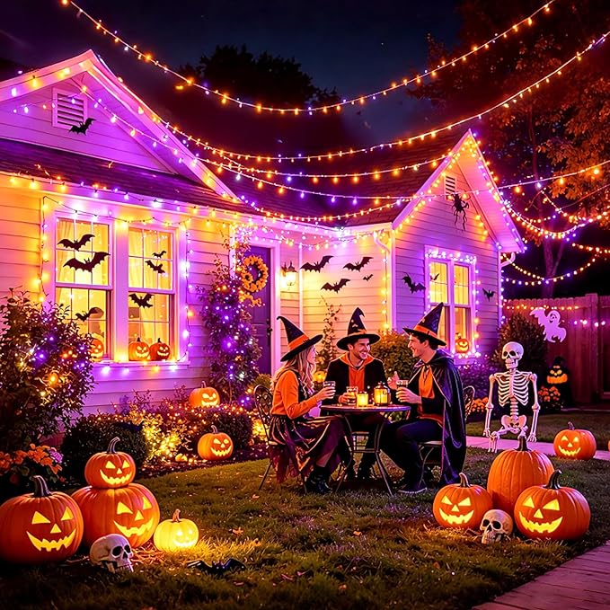 Pooqla Halloween Purple and Orange String Lights, 200 LED Green Wire Indoor and Outdoor Lights