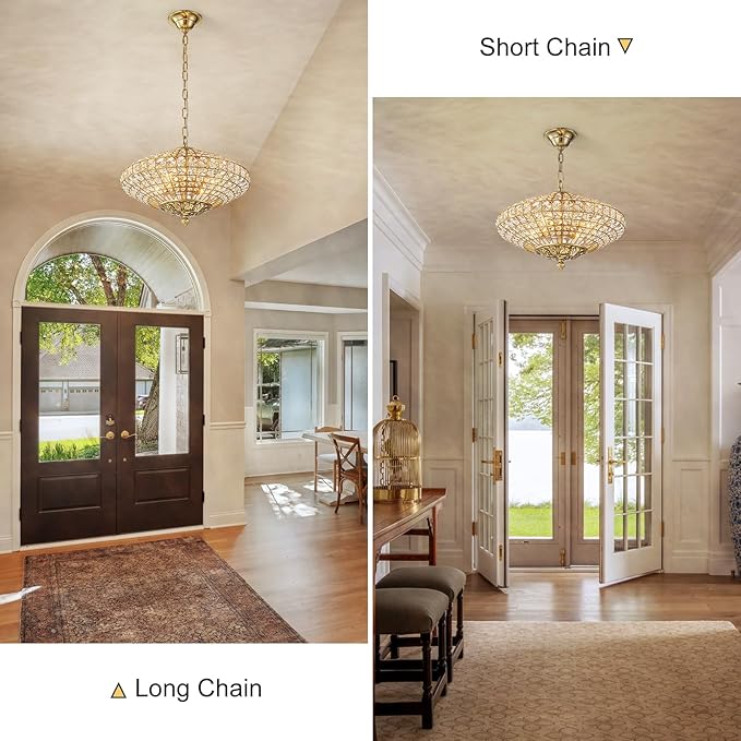 Crystal Chandelier, 18" Vintage Dining Room Light Fixture Farmhouse Large Foyer Chandeliers for High Ceilings Living Room Staircase Antique Brass