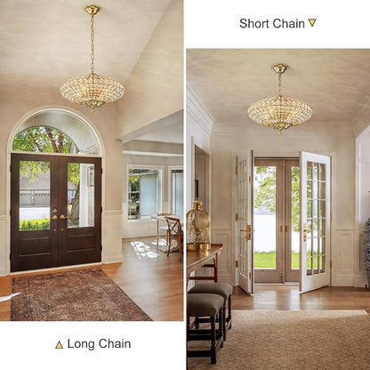 Crystal Chandelier, 18" Vintage Dining Room Light Fixture Farmhouse Large Foyer Chandeliers for High Ceilings Living Room Staircase Antique Brass