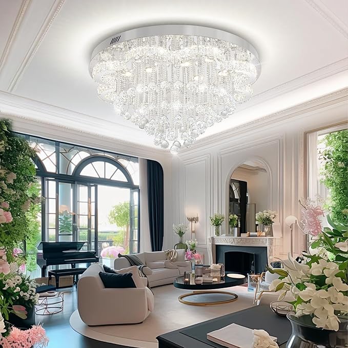 W32inches Modern Crystal Chandeliers for Living Room LED Crystal Ceiling Light Fixtures Flush Mount Chandelier Ceiling Chandelier for Bedroom Foyer Hallway Dining Room
