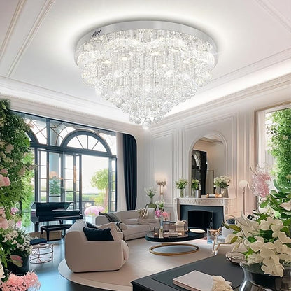 W32inches Modern Crystal Chandeliers for Living Room LED Crystal Ceiling Light Fixtures Flush Mount Chandelier Ceiling Chandelier for Bedroom Foyer Hallway Dining Room