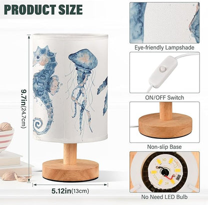 Table Lamp Watercolor Ocean Fish Jellyfish Whale Seahorse Blue Sea Life Animal Nightstand Lamp with Wood Base Fabric Lamp Shade Bedside Desk Lamp for Living Room Bedroom Kids Room Office