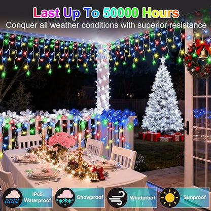 810LED 82FT Christmas Lights, 180Drops 12 Modes Multicolor Christmas String Lights Outdoor Dimmable, Waterproof Christmas Decoration Fairy Lights with Timer for Indoor Eaves Party Patio Window Fence