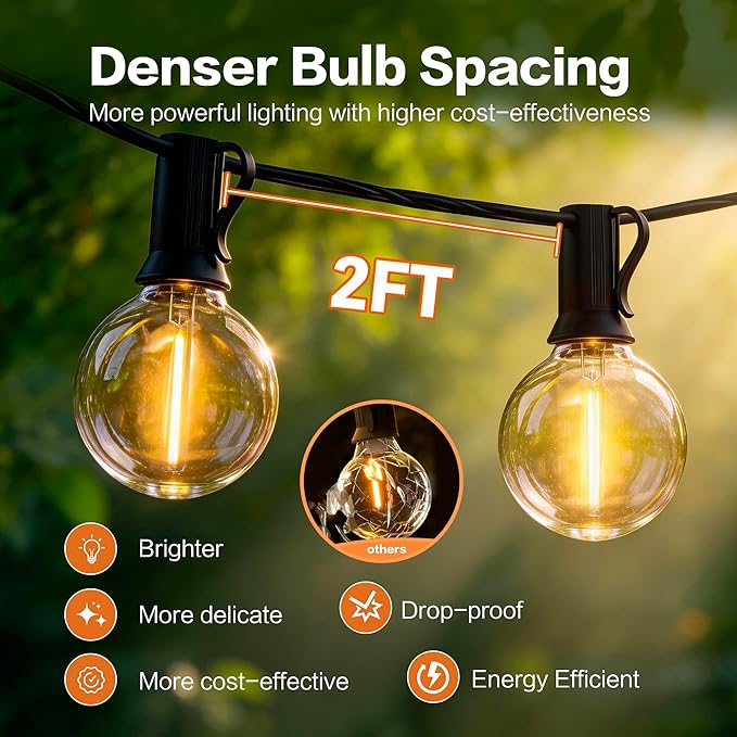 Outdoor String Lights 100FT with 50+2 G40 LED Bulbs, Shatterproof & Waterproof Patio Lights, Connectable Globe String Lights for Backyard Porch Deck Bistro Garden Party