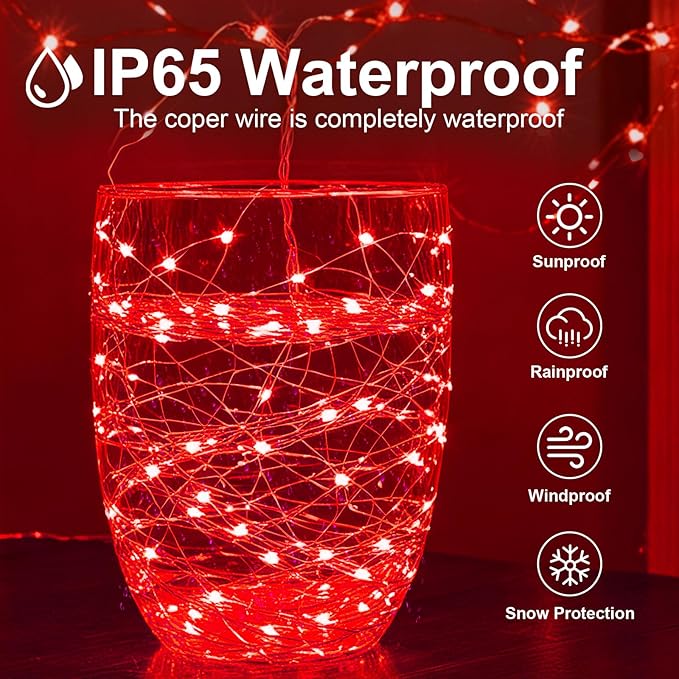 2Pack USB Plug in Fairy String Lights,16ft 50 LED Copper with Remote and Timer, 8 Modes Waterproof Twinkle String Lights Battery Powered for Bedroom Indoor Party Wedding Christmas Decoration (Red)