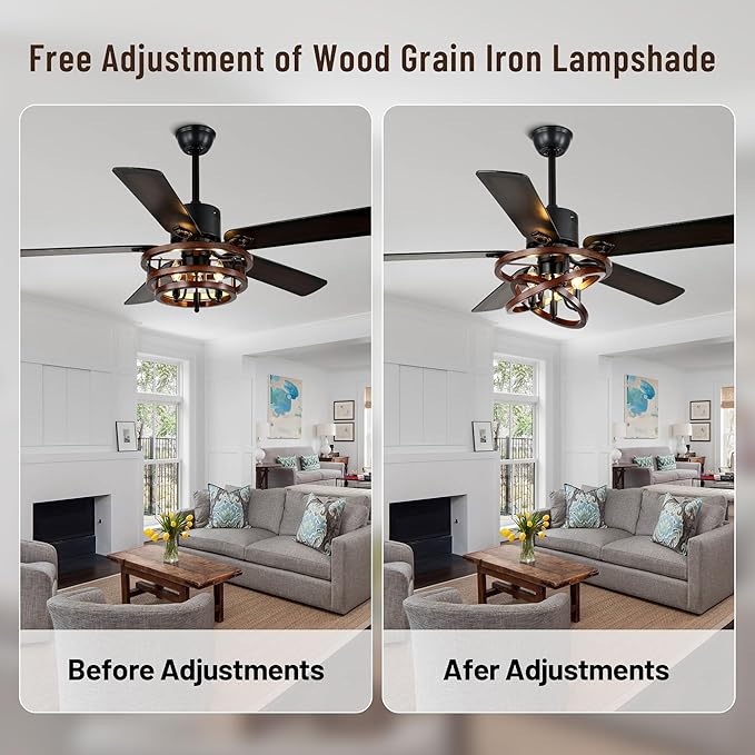 52" Ceiling Fan with Lights and Remote,Industrial Farmhouse Ceiling Fan with Adjustable Wood Grain Iron Cage,5 Reversible Dual-Color Blades,DC Quiet Motor,6 Speeds,Timer for Bedroom Living Room