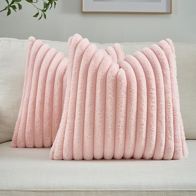 FUTEI Pack of 2 Solid Faux Fur Plush Throw Pillow Covers 18x18 Inch Soft Fluffy Striped Decorative Cushion Cases Modern Farmhouse Accent for Couch Bed Living Room, Pink