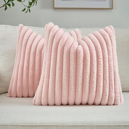 FUTEI Pack of 2 Solid Faux Fur Plush Throw Pillow Covers 18x18 Inch Soft Fluffy Striped Decorative Cushion Cases Modern Farmhouse Accent for Couch Bed Living Room, Pink