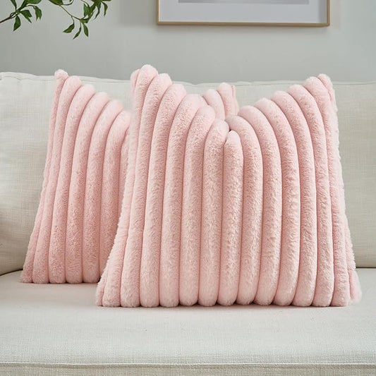 FUTEI Pack of 2 Solid Faux Fur Plush Throw Pillow Covers 18x18 Inch Soft Fluffy Striped Decorative Cushion Cases Modern Farmhouse Accent for Couch Bed Living Room, Pink