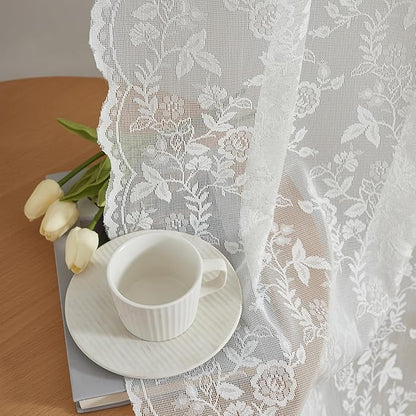 FINECITY Short Lace Curtains 36 Inch Length for Small Window, Rustic Leaf Floral Design Lace Cafe Curtains 2 Panels, Rod Pocket Privacy Sheer Lace Curtains, 42 x 36 Inch, 1 Pair, Ivory