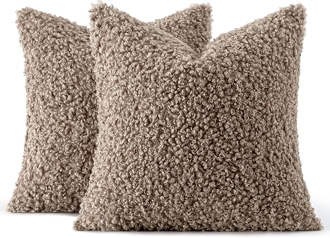 MIULEE Pack of 2 Throw Pillow Covers 18x18 Inch Neutral Khaki Faux Fur Decorative Sherpa Pillow Covers Fuzzy Accent Soft Sheepskin Fleece Cushion Cases for Boho Home Decor Couch Living Room Bed