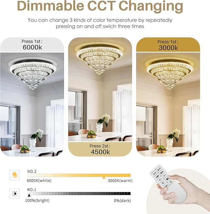 COCOSTAR 24" Gold Crystal Chandeliers, Flush Mount Chandelier LED Ceiling Light, Modern Crystal Raindrop Chandeliers for Dining Room, Living Room, Bedroom