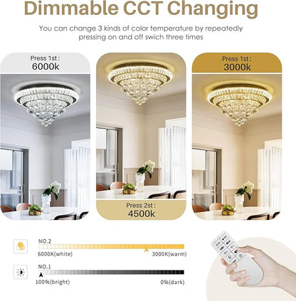 COCOSTAR 24" Gold Crystal Chandeliers, Flush Mount Chandelier LED Ceiling Light, Modern Crystal Raindrop Chandeliers for Dining Room, Living Room, Bedroom