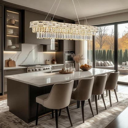 49.2" L Modern Crystal Chandeliers for Dining Room 18 Lights Gold Chandelier Large Rectangle Crystal Chandelier Pendant Light Fixture Kitchen Entryway Living Room 49.2" L x 8.7" H