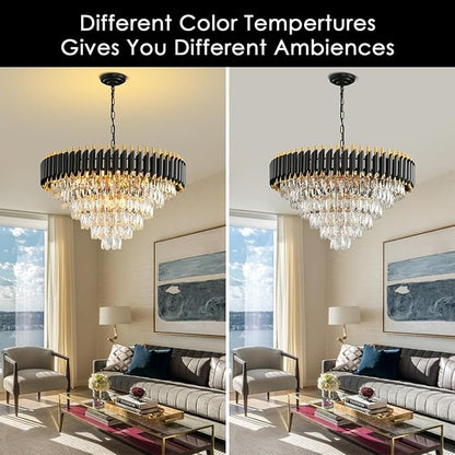 Modern Crystal Chandeliers for Dining Room 15-Light Black and Gold Chandelier Living Room Round 6 Tiers Contemporary Ceiling Hanging Light Pendant Light Fixture for Entryway Foyer Staircase W29”