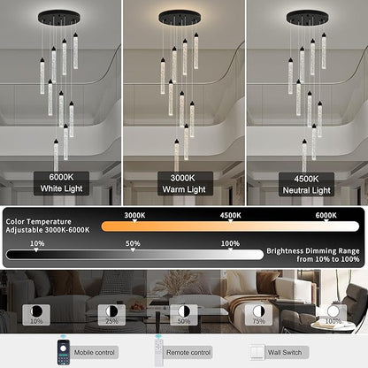 Crystal Staircase Chandelier, Modern Black Spiral Dimmable LED Cluster Raindrop Foyer Chandelier Lighting, Bubble Living Room Hanging Light Fixture 9 Light Remote Control