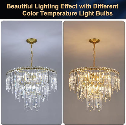 A AXILIXI Gold Crystal Chandeliers, 24” Modern Round Chandelier for Dining Room 3 Tiers 12 Lights Ceiling Pendant Light Fixtures Large Ceiling Chandeliers for Foyer Living Room Bedroom