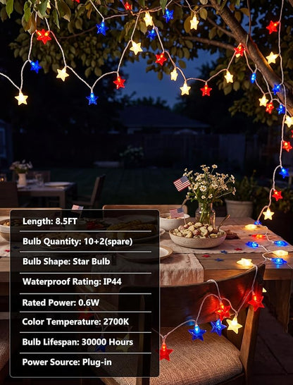 8.5Ft Patriotic Red White Blue Star String Lights, 10 LED Plug in Connectable Fairy Lights for 4th of July Independence Day, Outdoor Waterproof Star Lights for Patio Garden Bedroom Holiday Party Decor