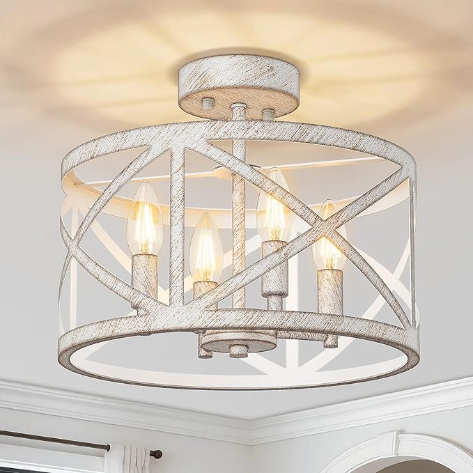 Semi Flush Mount Ceiling Light Fixture, Farmhouse Modern 4-Light Chandelier with X-Shape Cage, Industrial Rustic Ceiling Lamp for Kitchen, Entryway, Dining Room, Bedroom, Hallway, Laundry Room, White